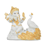 Decorative Marble Ganesha with Flute and Peacock Showpiece- White and Gold