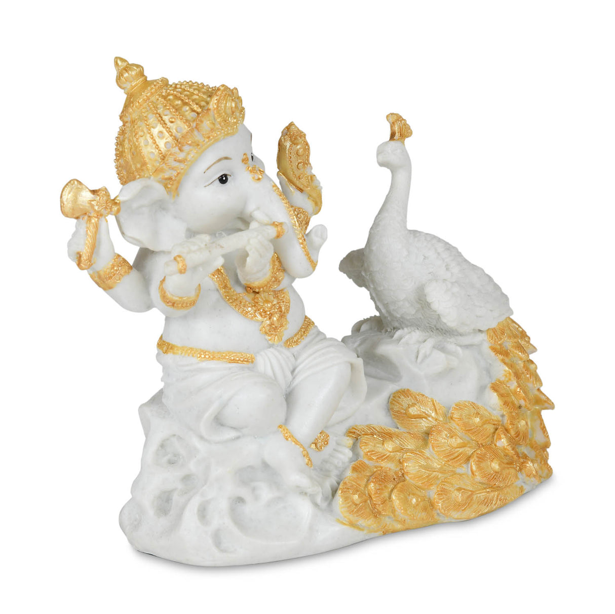 Decorative Marble Ganesha with Flute and Peacock Showpiece- White and Gold