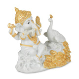 Decorative Marble Ganesha with Flute and Peacock Showpiece- White and Gold