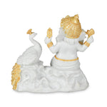 Decorative Marble Ganesha with Flute and Peacock Showpiece- White and Gold