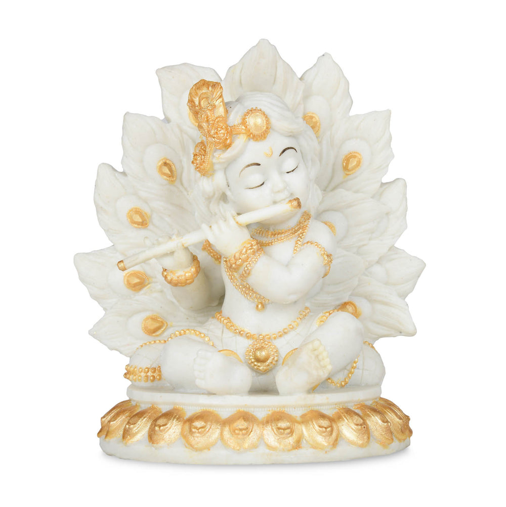 Decorative Marble Krishna Showpiece- White and Gold