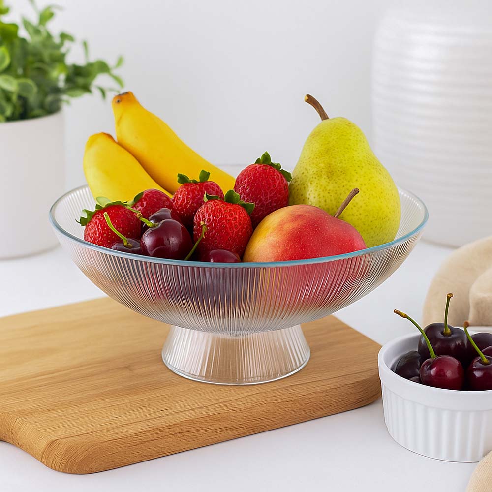 Fluted Design Footed Glass Serving Bowl- Transparent