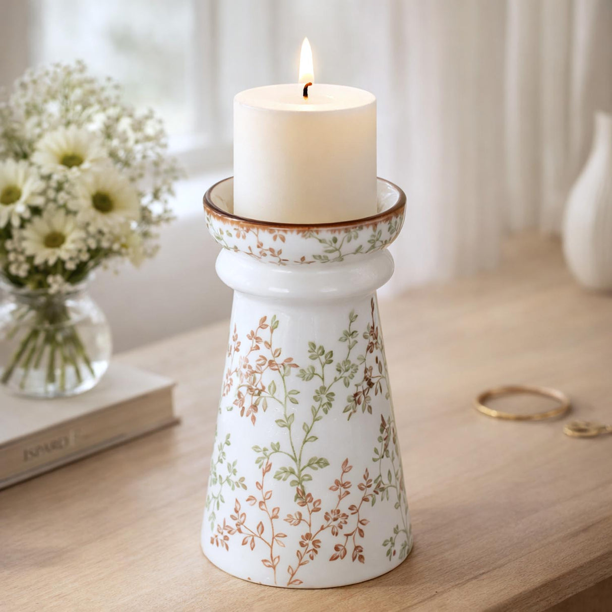 Floral Pillar Ceramic Candle Holder Large- Green
