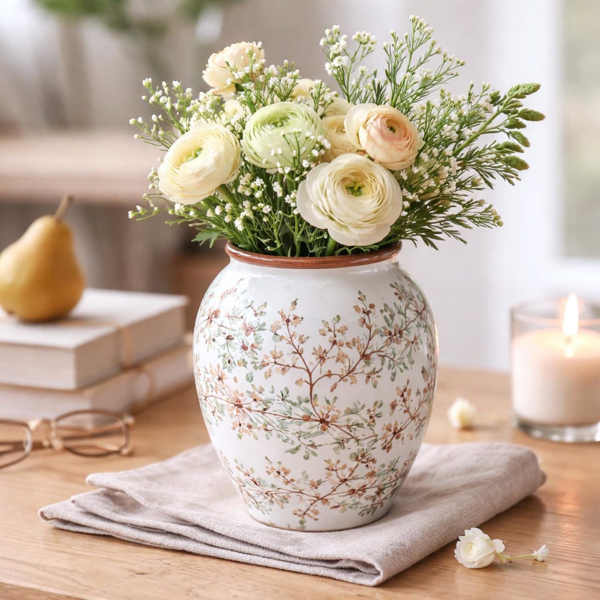 Floral Ceramic Oval Vase- Green