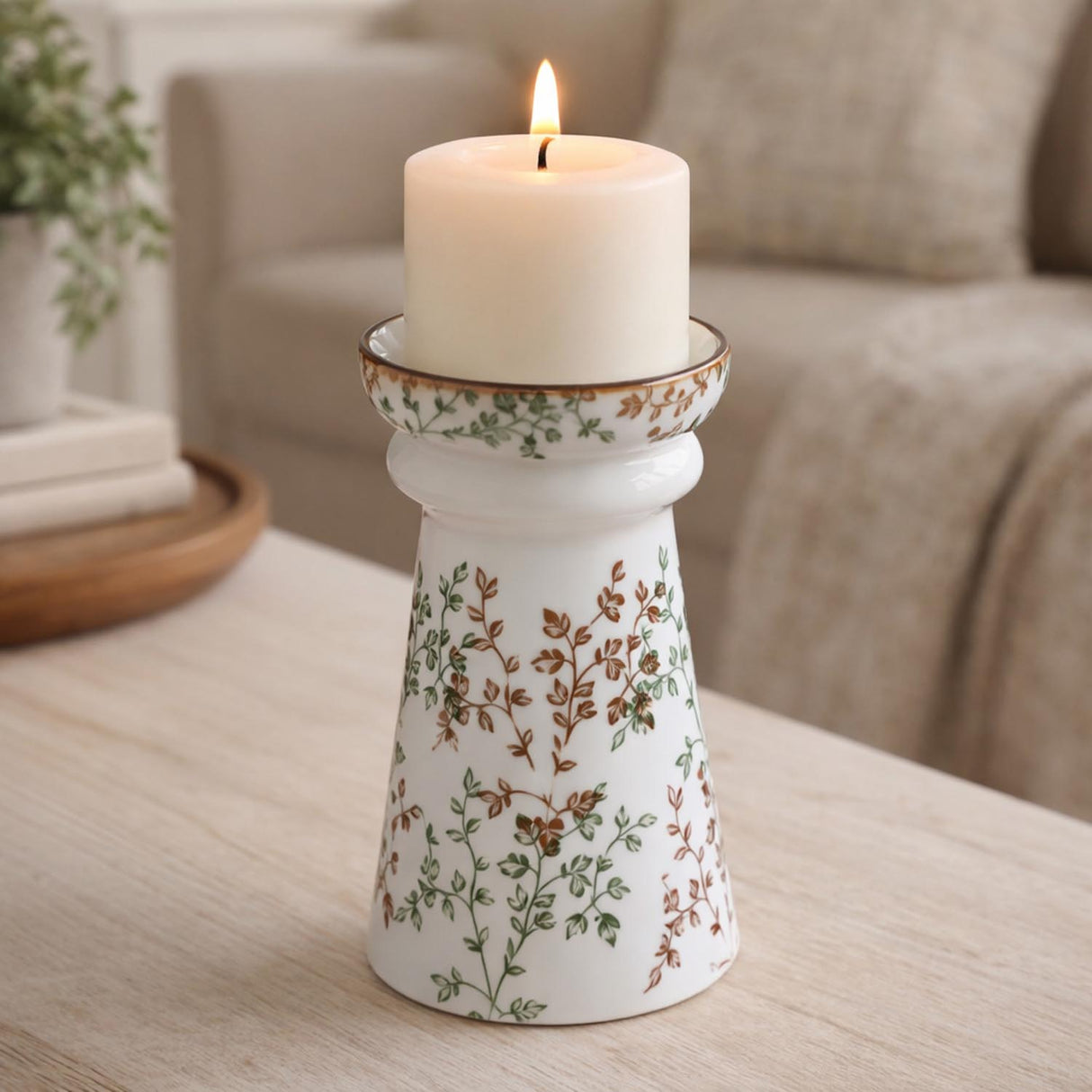 Floral Pillar Ceramic Candle Holder Small- Green