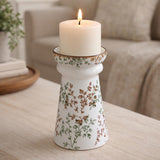 Floral Pillar Ceramic Candle Holder Small- Green
