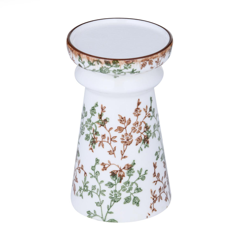 Floral Pillar Ceramic Candle Holder Small- Green