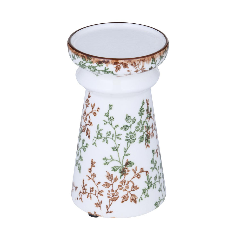 Floral Pillar Ceramic Candle Holder Small- Green