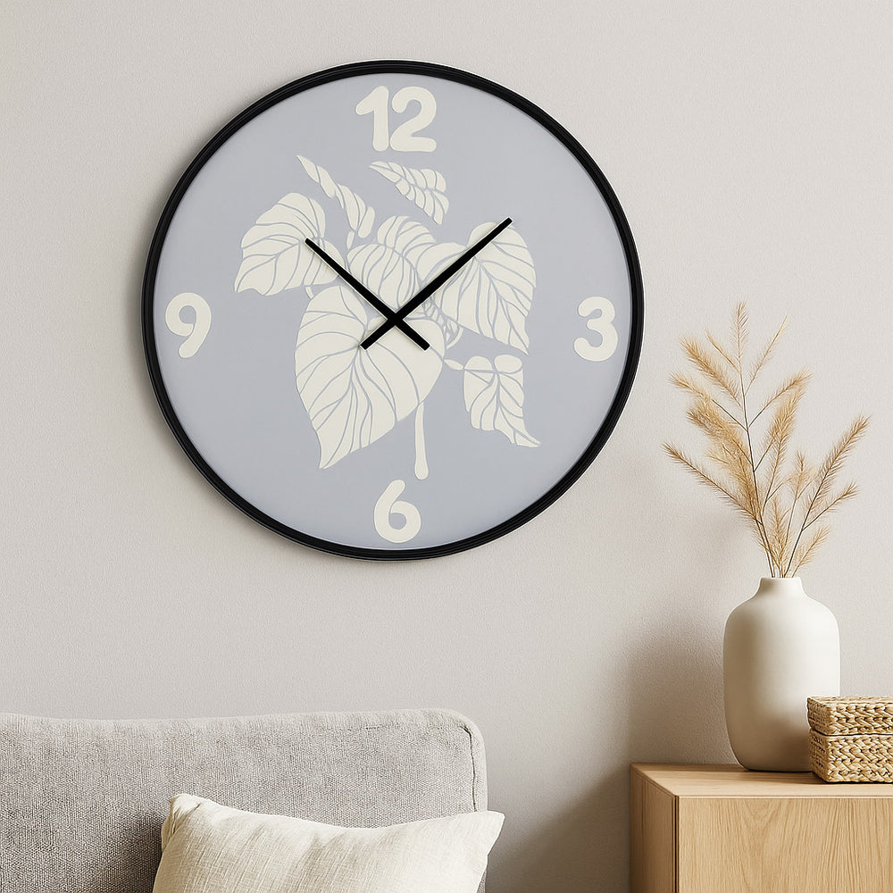 Canvas Monstera Metal Wall Clock- Grey