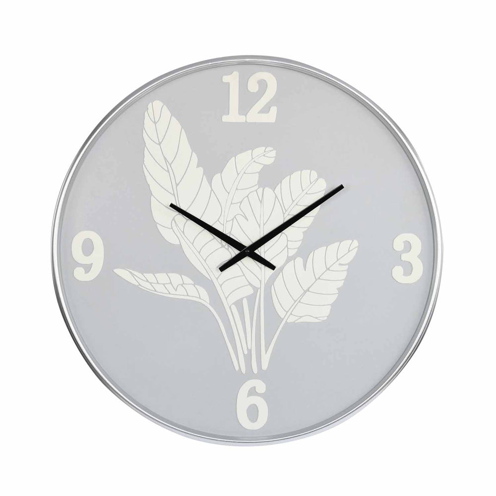 Canvas Leaves Metal Wall Clock- White and Grey