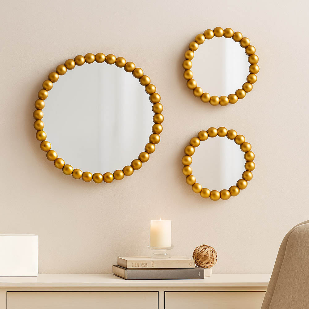 Decorative Moti Frame Mirror Combo Set of 3- Gold