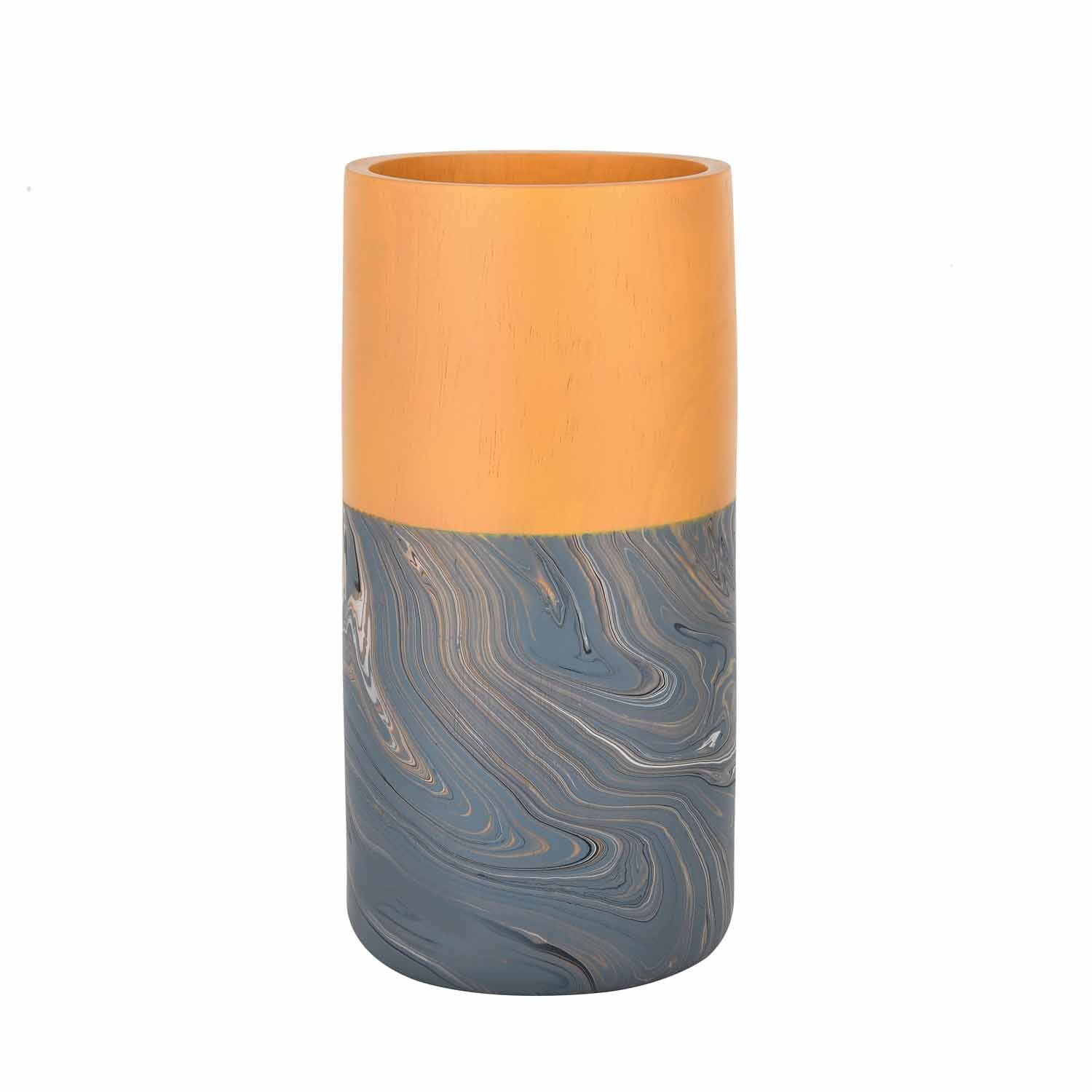 Dual Tone Wooden Table Vase Marble Finish Small Size- Brown and Grey