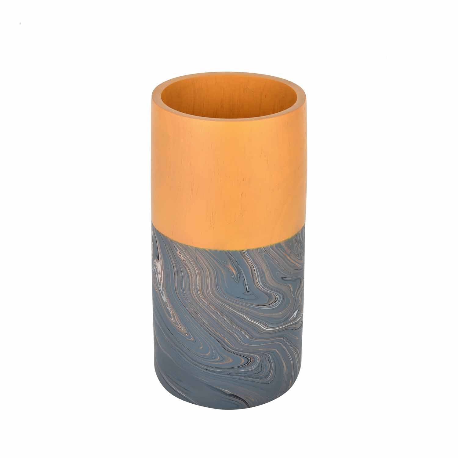 Dual Tone Wooden Table Vase Marble Finish Small Size- Brown and Grey
