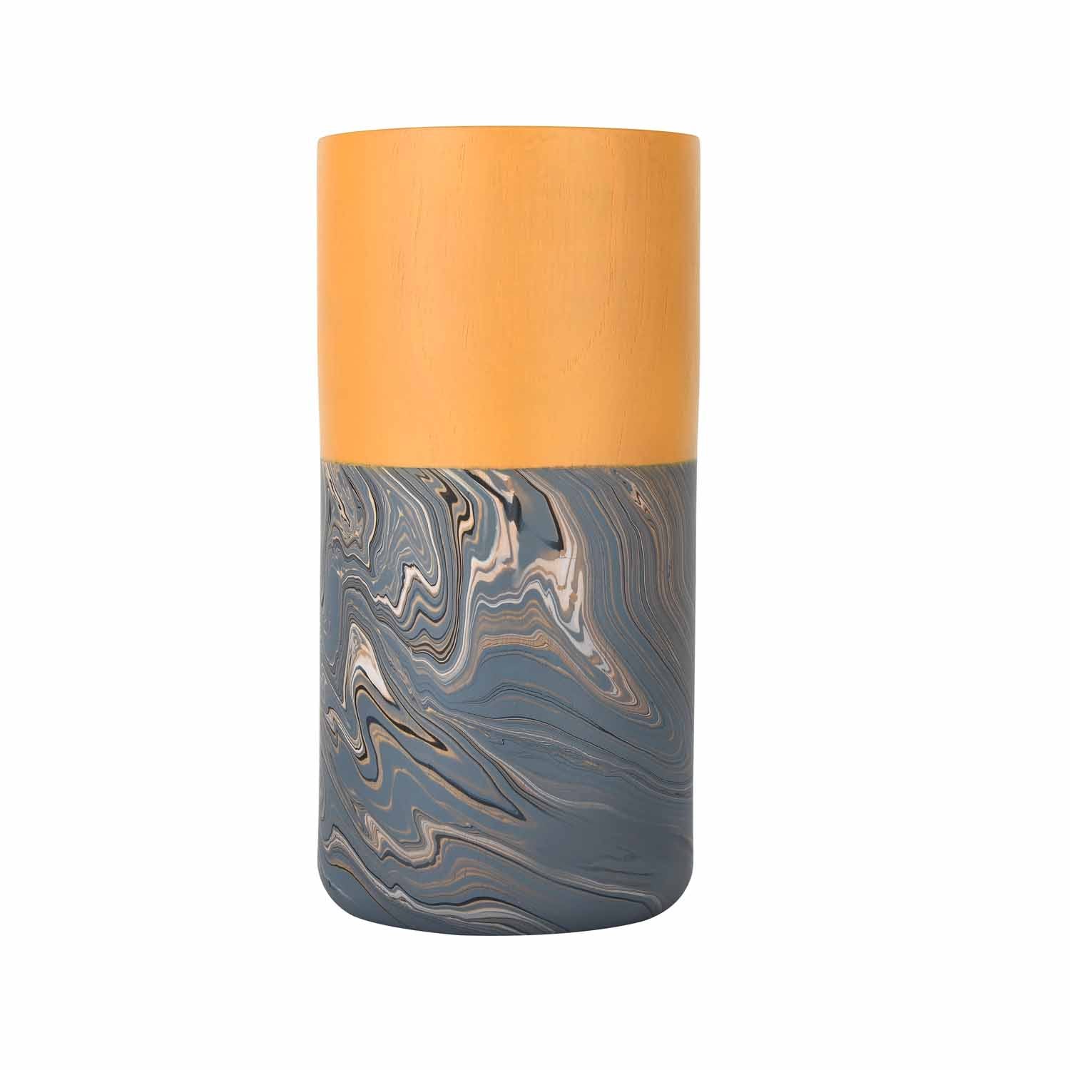 Dual Tone Wooden Table Vase Marble Finish Small Size- Brown and Grey