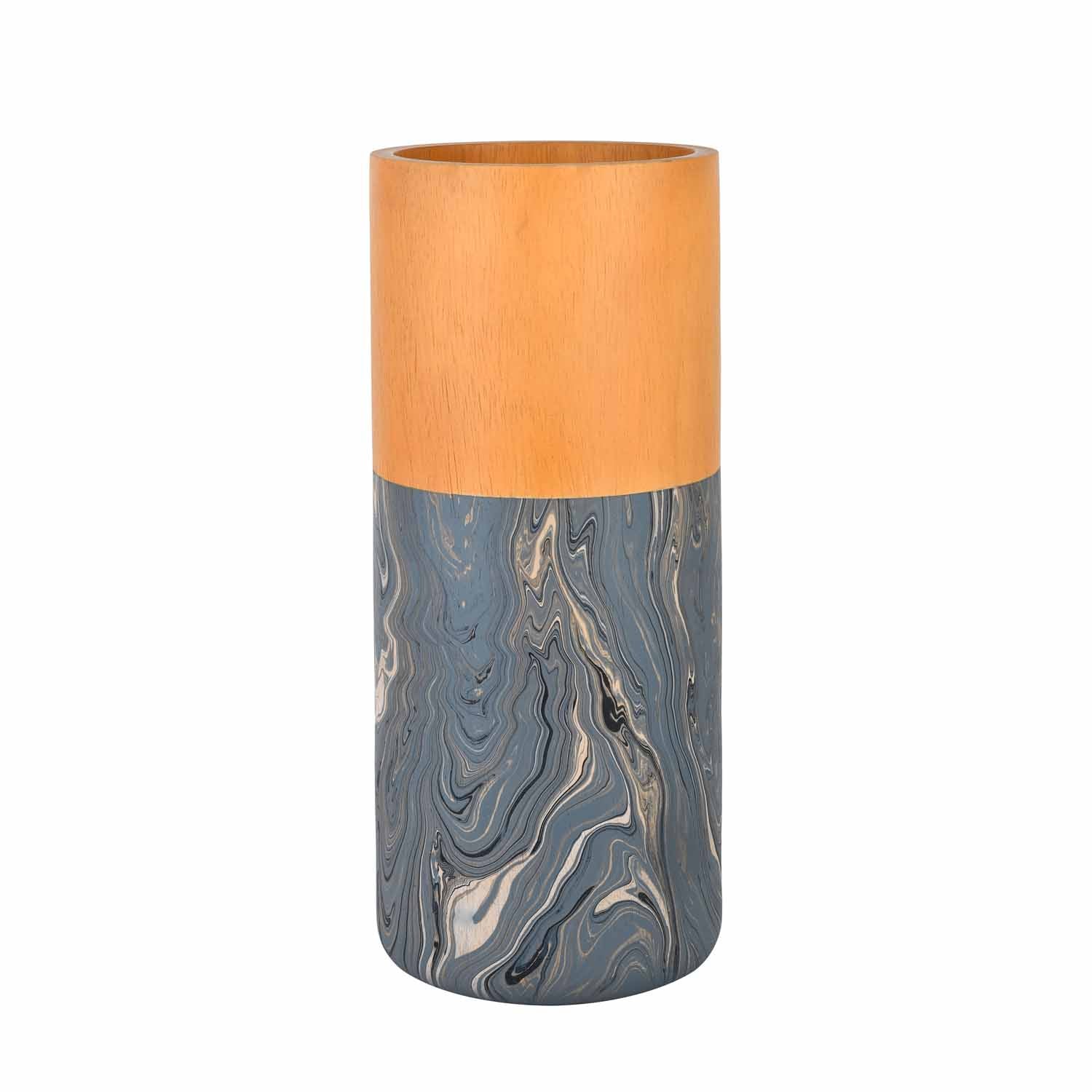 Dual Tone Wooden Table Vase Marble Finish Medium Size- Brown and Grey
