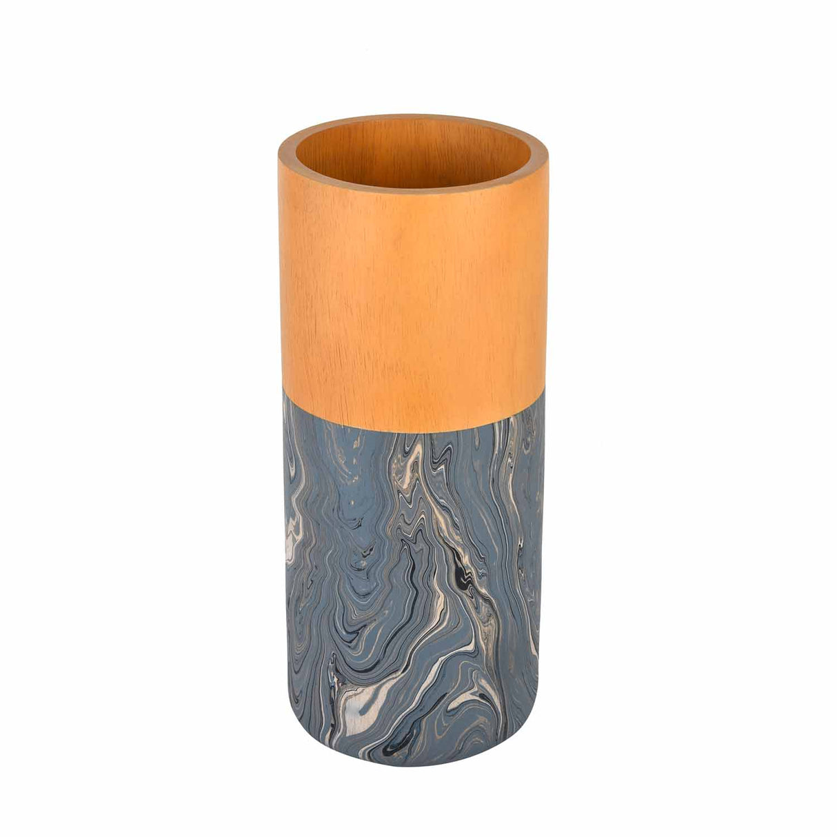 Dual Tone Wooden Table Vase Marble Finish Medium Size- Brown and Grey