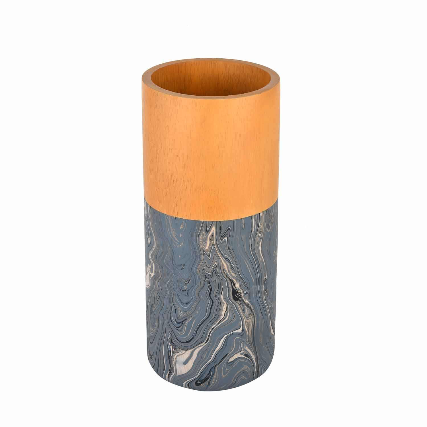 Dual Tone Wooden Table Vase Marble Finish Medium Size- Brown and Grey