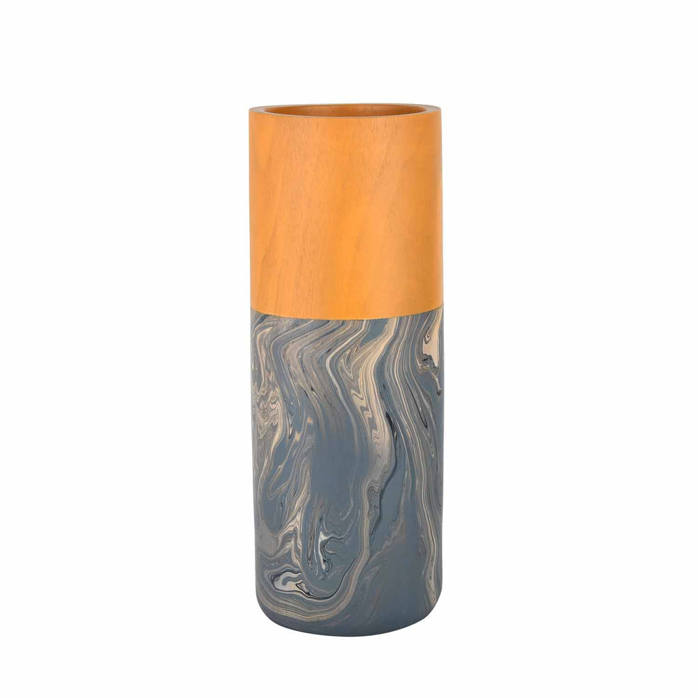 Dual Tone Wooden Table Vase Marble Finish Large Size- Brown and Grey