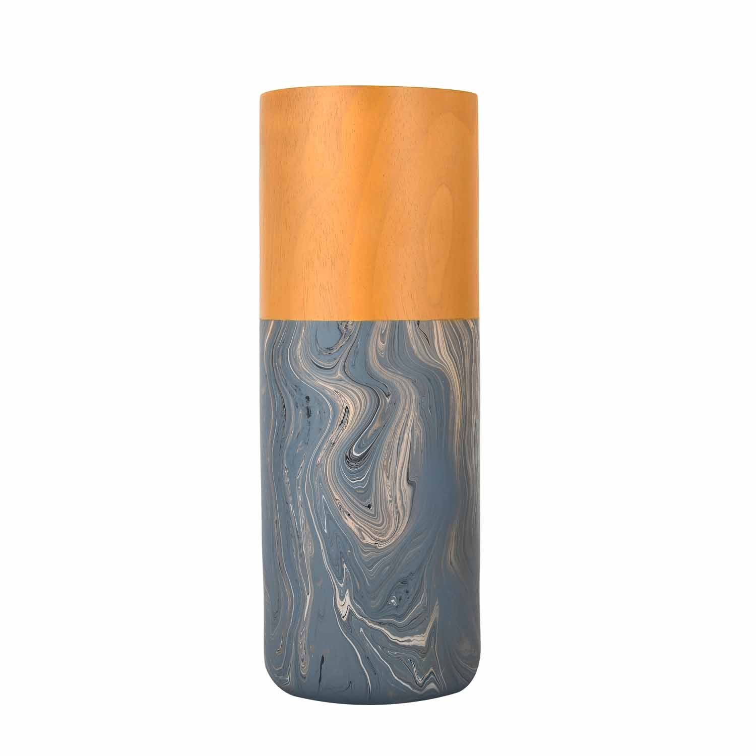 Dual Tone Wooden Table Vase Marble Finish Large Size- Brown and Grey