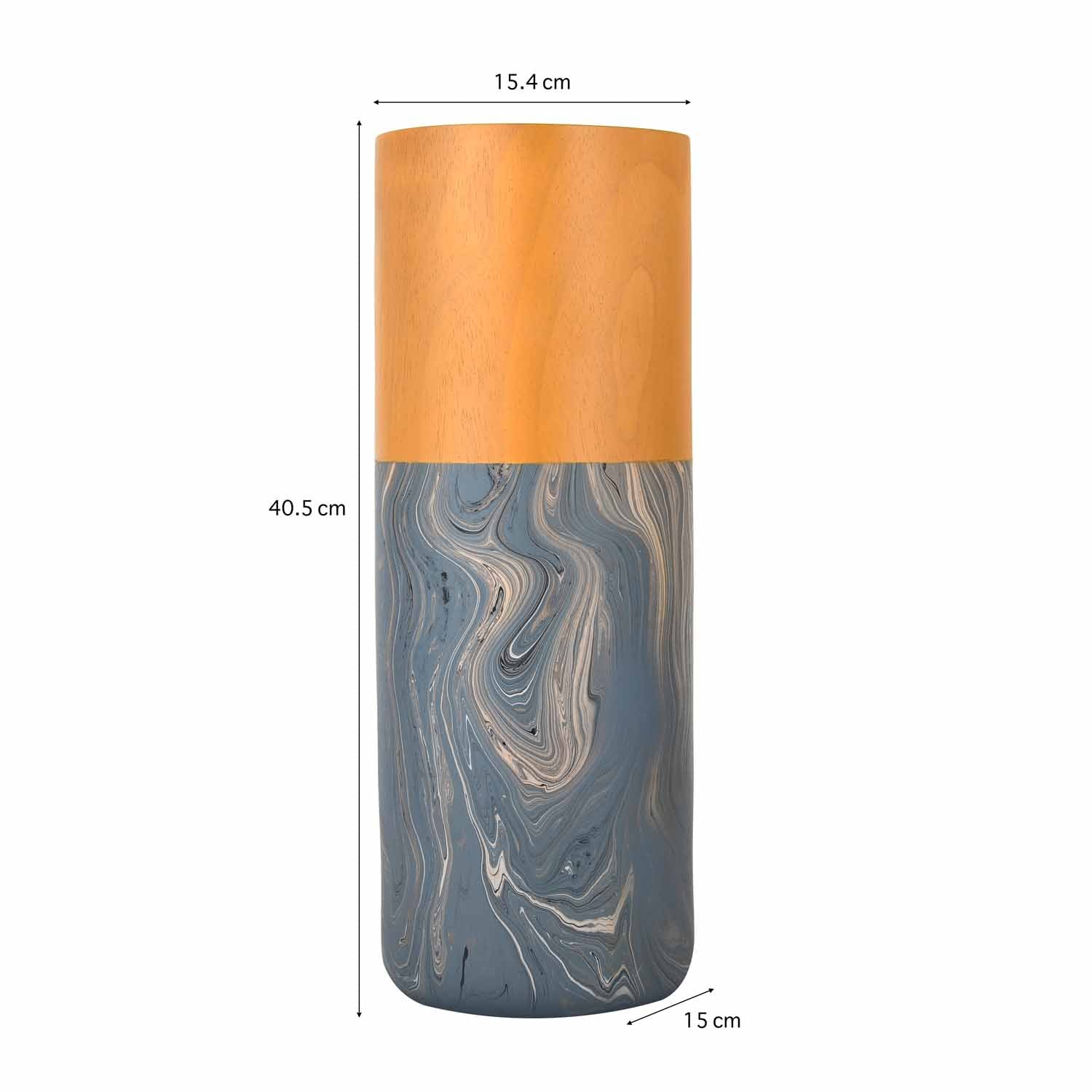 Dual Tone Wooden Table Vase Marble Finish Large Size- Brown and Grey