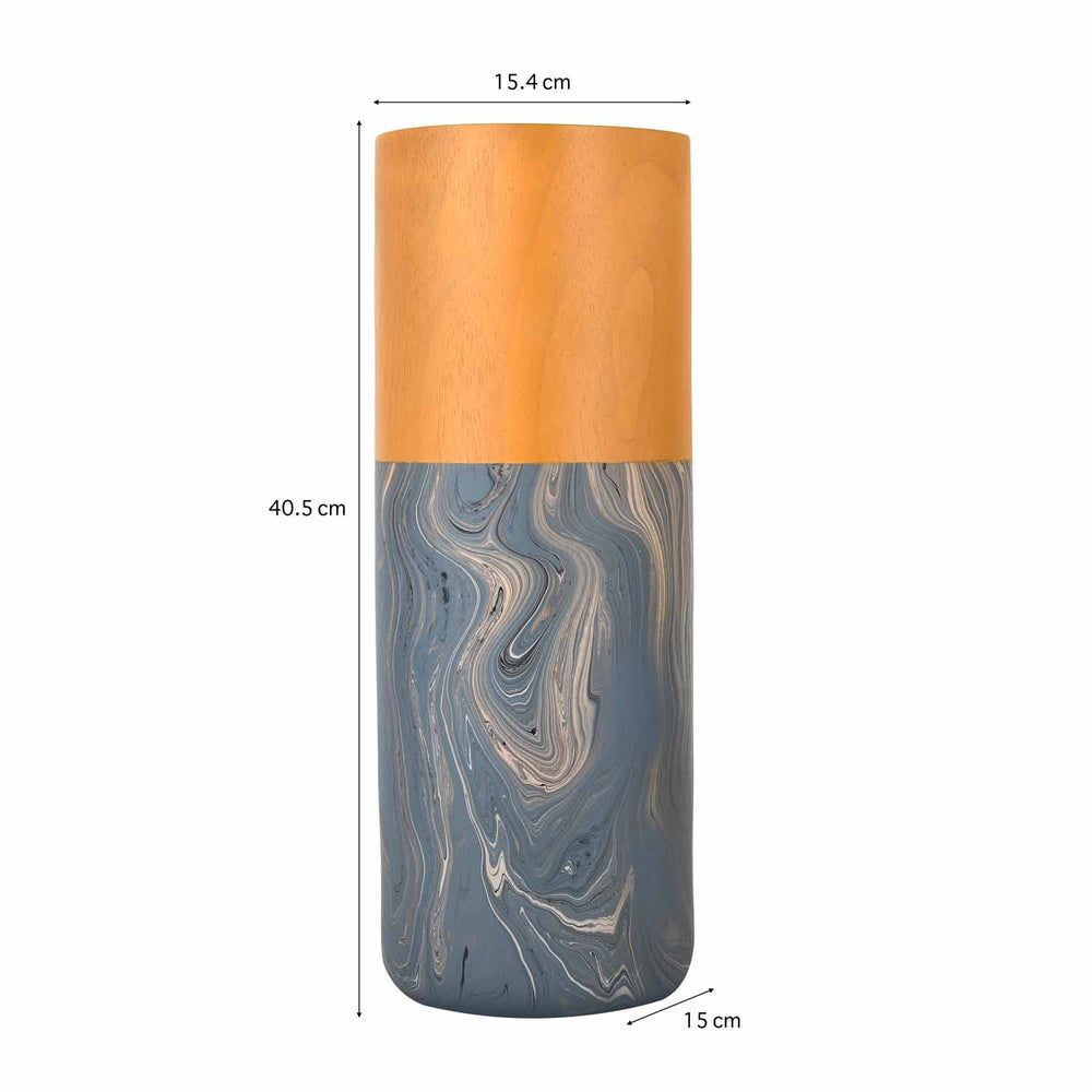 Dual Tone Wooden Table Vase Marble Finish Large Size- Brown and Grey