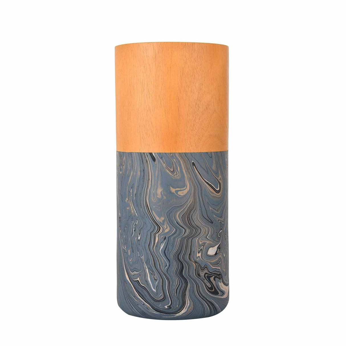 Dual Tone Wooden Table Vase Marble Finish Medium Size- Brown and Grey