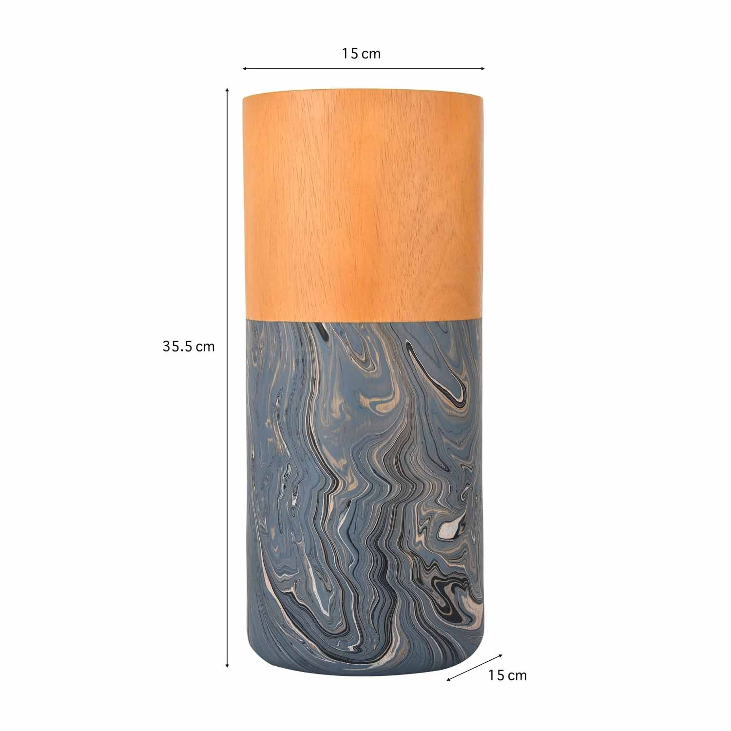 Dual Tone Wooden Table Vase Marble Finish Medium Size- Brown and Grey