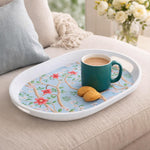 Oval Shaped Melamine Floral Serving Tray with Handle Small- Blue