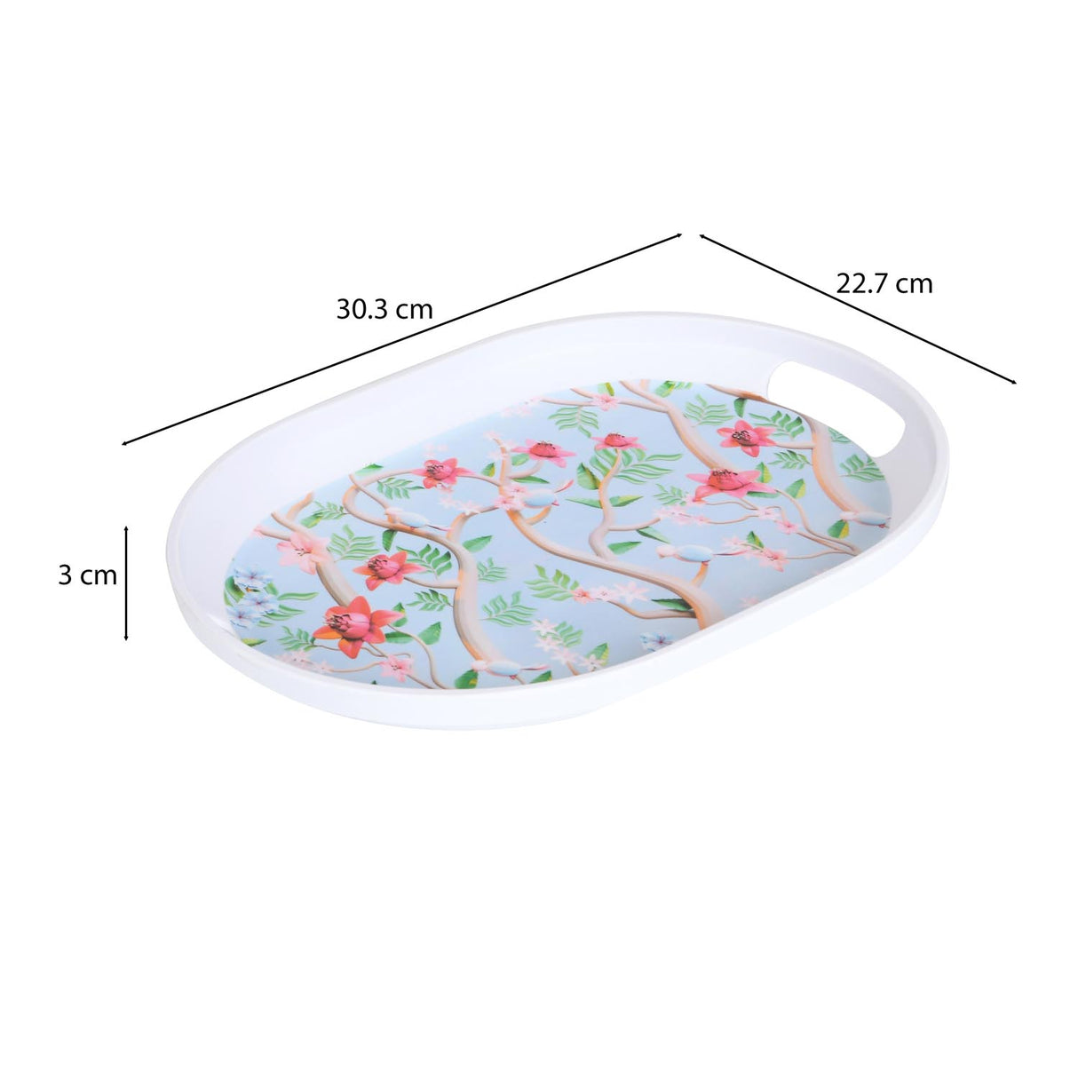 Oval Shaped Melamine Floral Serving Tray with Handle Small- Blue