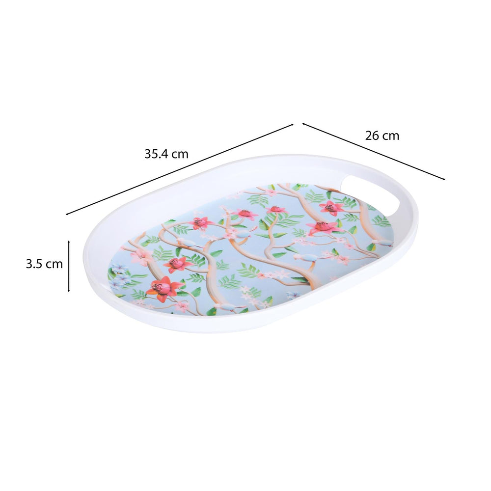 Oval Shaped Melamine Floral Serving Tray with Handle Medium- Blue