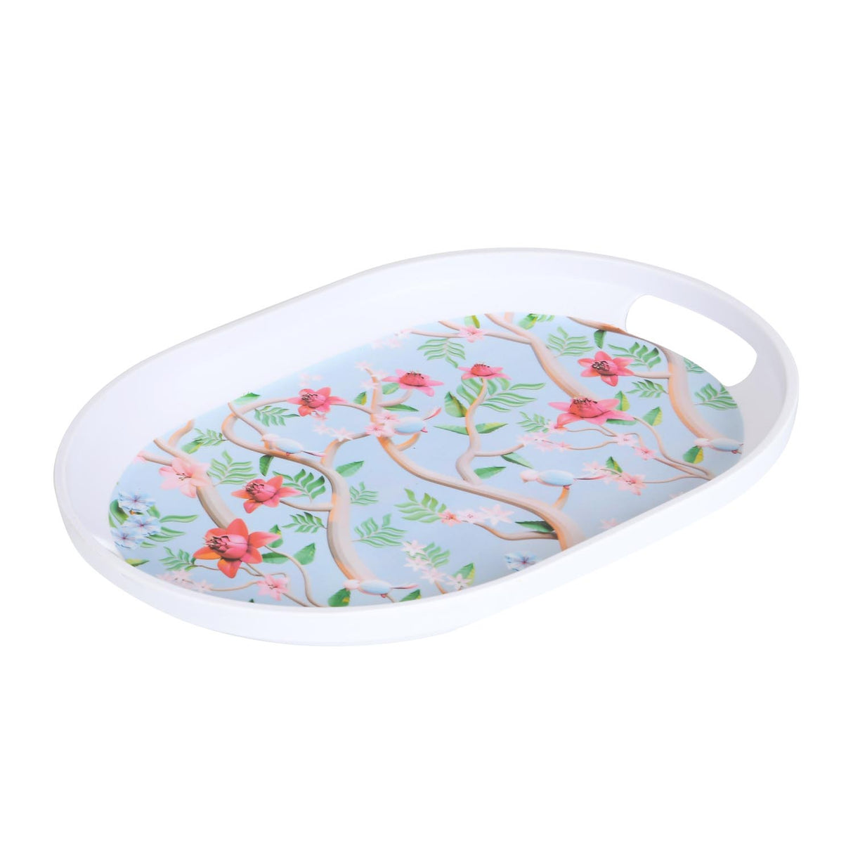 Oval Shaped Melamine Floral Serving Tray with Handle Small- Blue