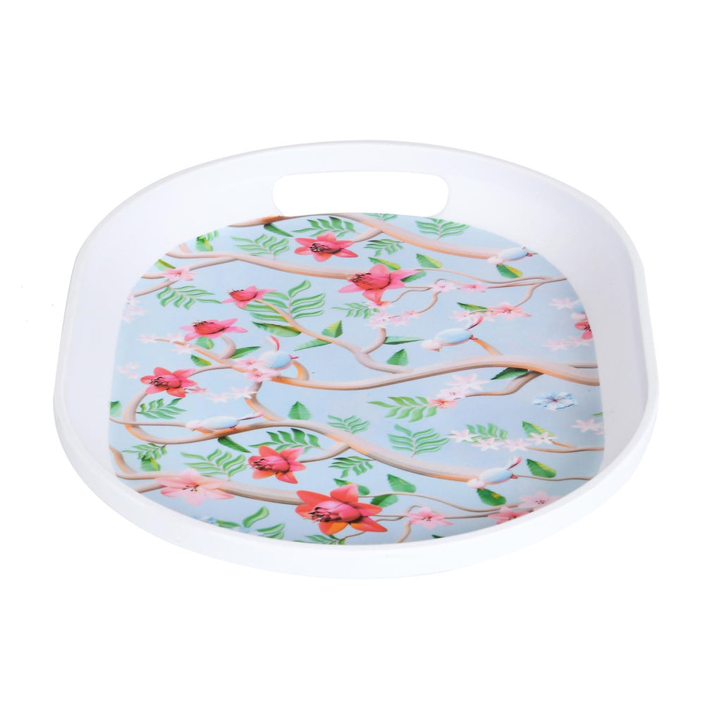 Oval Shaped Melamine Floral Serving Tray with Handle Small- Blue