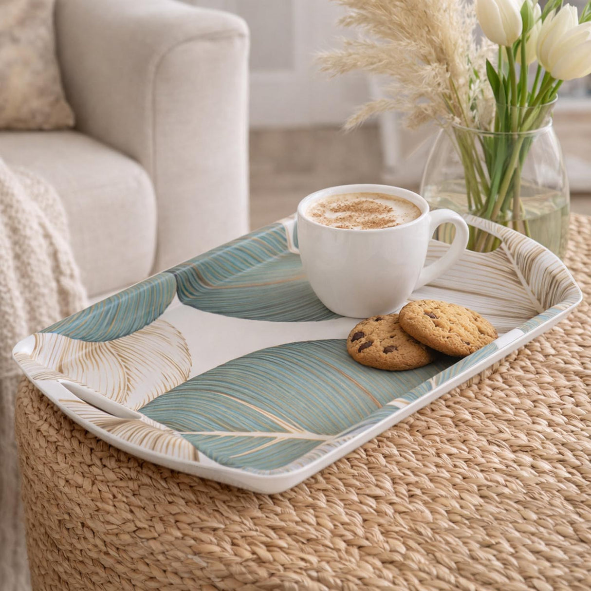 Square Shaped Melamine Leafy Serving Tray with Handle Small- Green