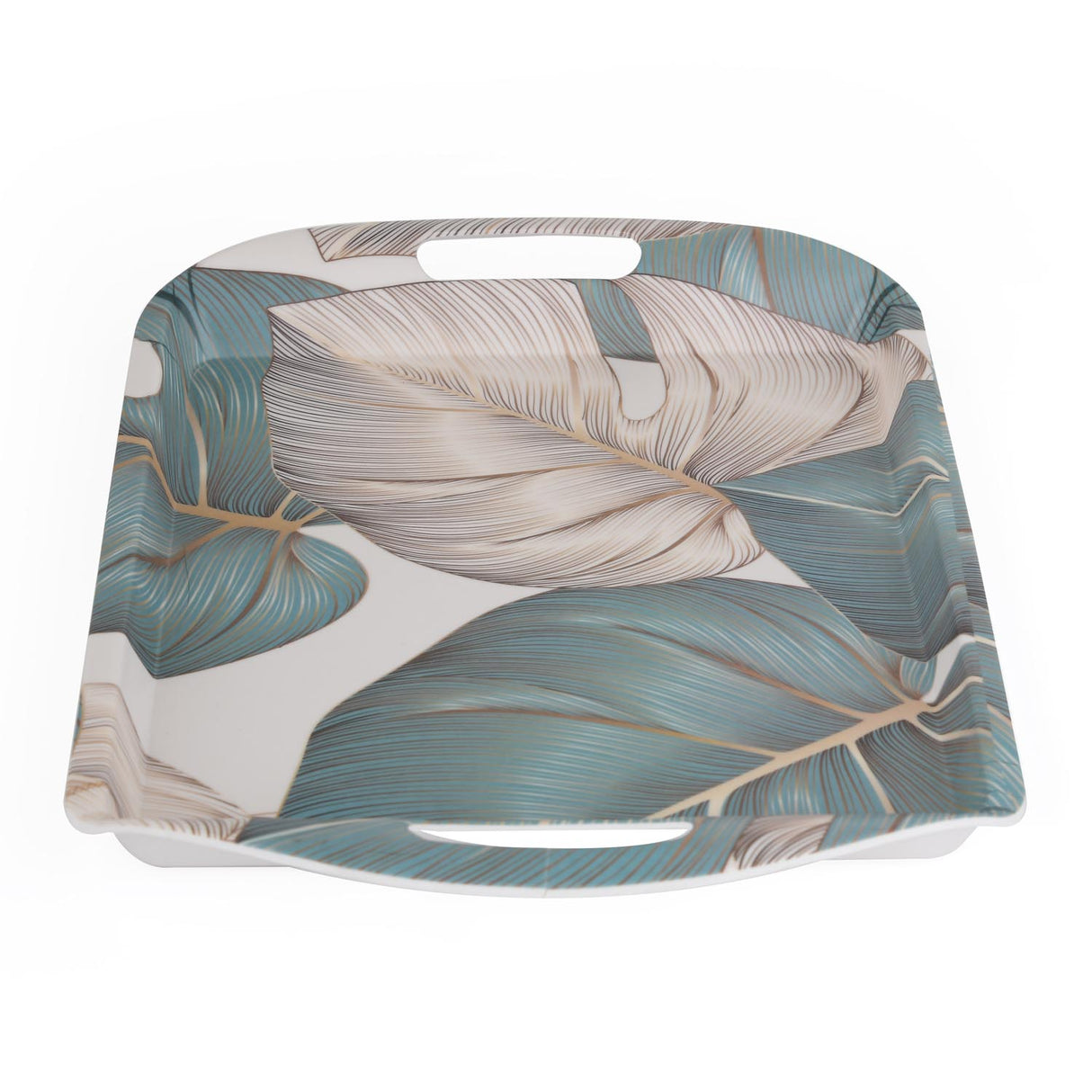 Square Shaped Melamine Leafy Serving Tray with Handle Small- Green