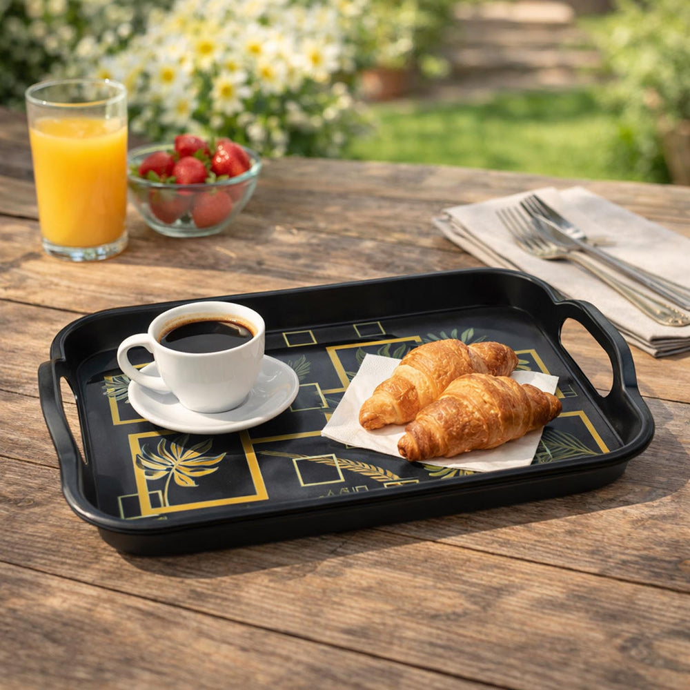 Square Shaped Melamine Leafy Serving Tray with Handle Small- Black