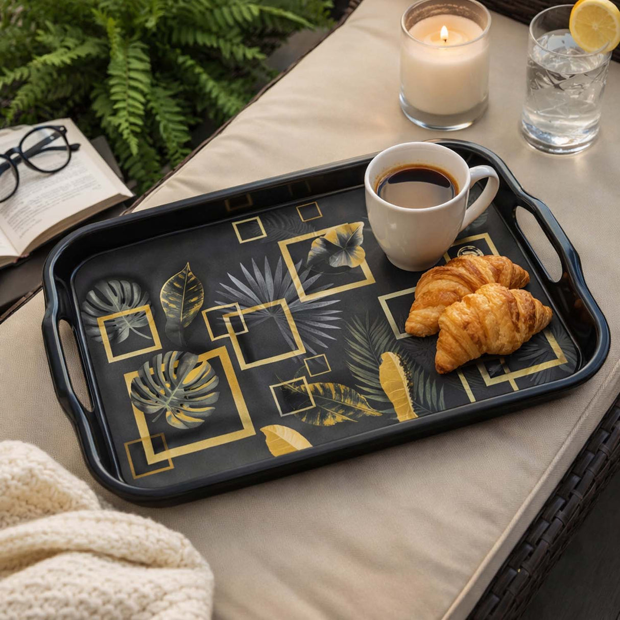 Square Shaped Melamine Leafy Serving Tray with Handle Large- Black