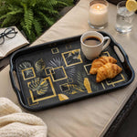 Square Shaped Melamine Leafy Serving Tray with Handle Large- Black