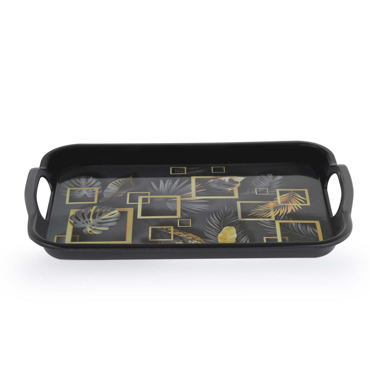 Square Shaped Melamine Leafy Serving Tray with Handle Large- Black