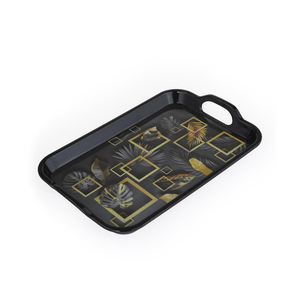 Square Shaped Melamine Leafy Serving Tray with Handle Medium- Black