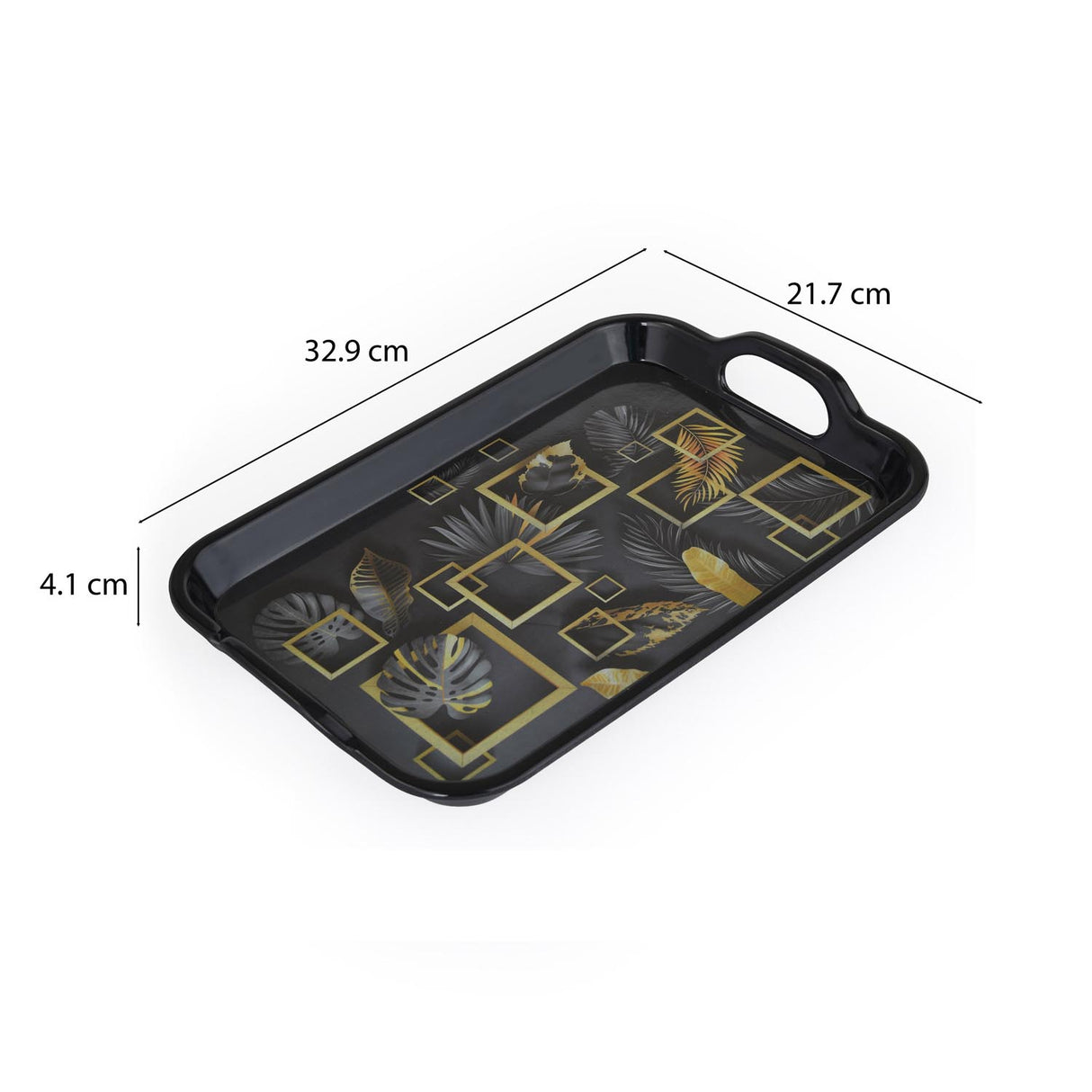 Square Shaped Melamine Leafy Serving Tray with Handle Medium- Black