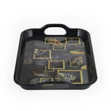 Square Shaped Melamine Leafy Serving Tray with Handle Large- Black