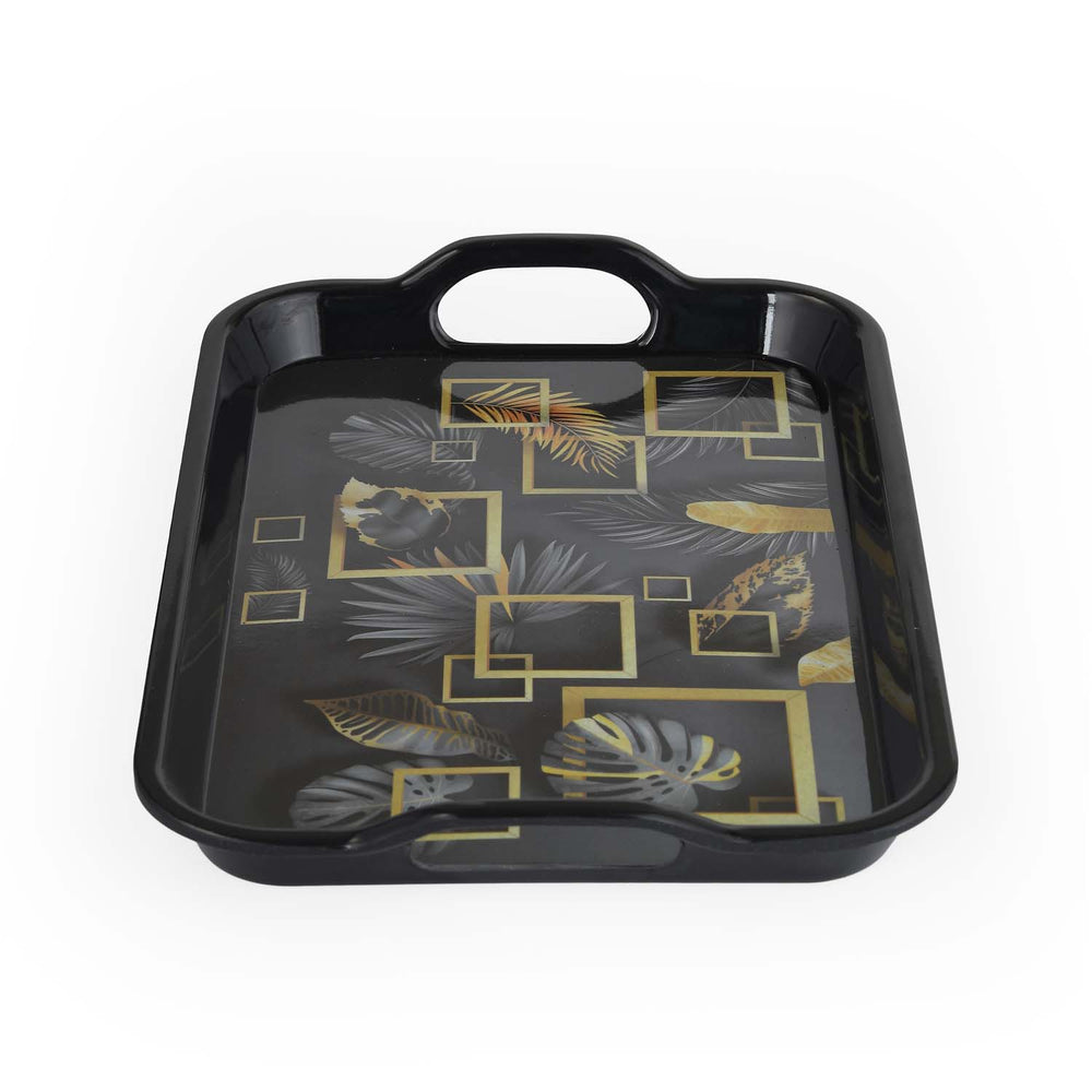 Square Shaped Melamine Leafy Serving Tray with Handle Large- Black