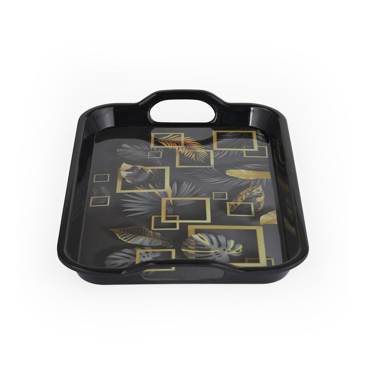 Square Shaped Melamine Leafy Serving Tray with Handle Small- Black