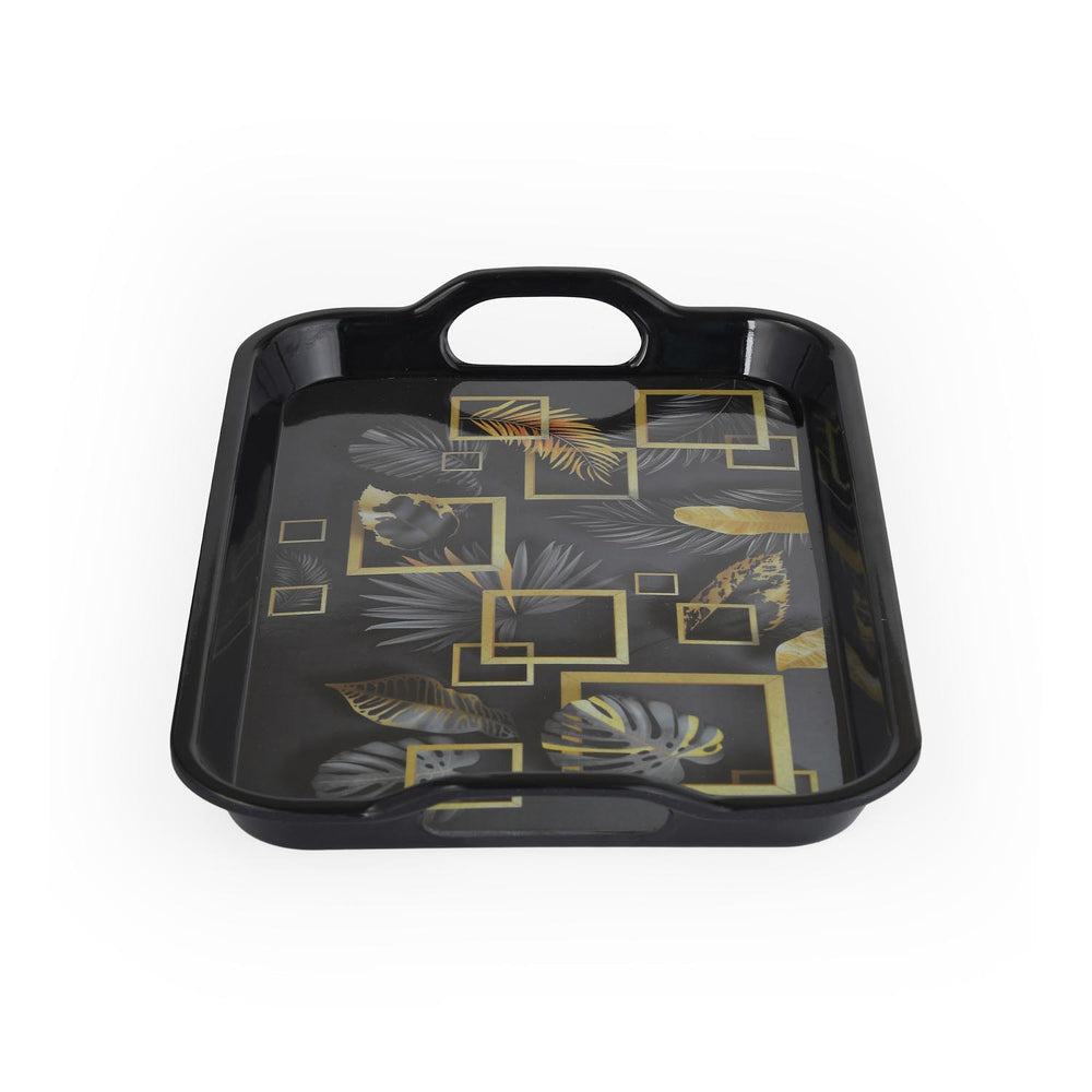 Square Shaped Melamine Leafy Serving Tray with Handle Medium- Black