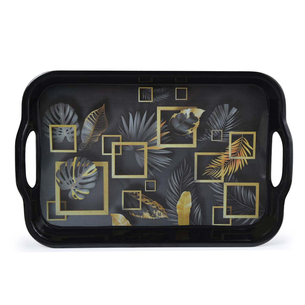 Square Shaped Melamine Leafy Serving Tray with Handle Large- Black