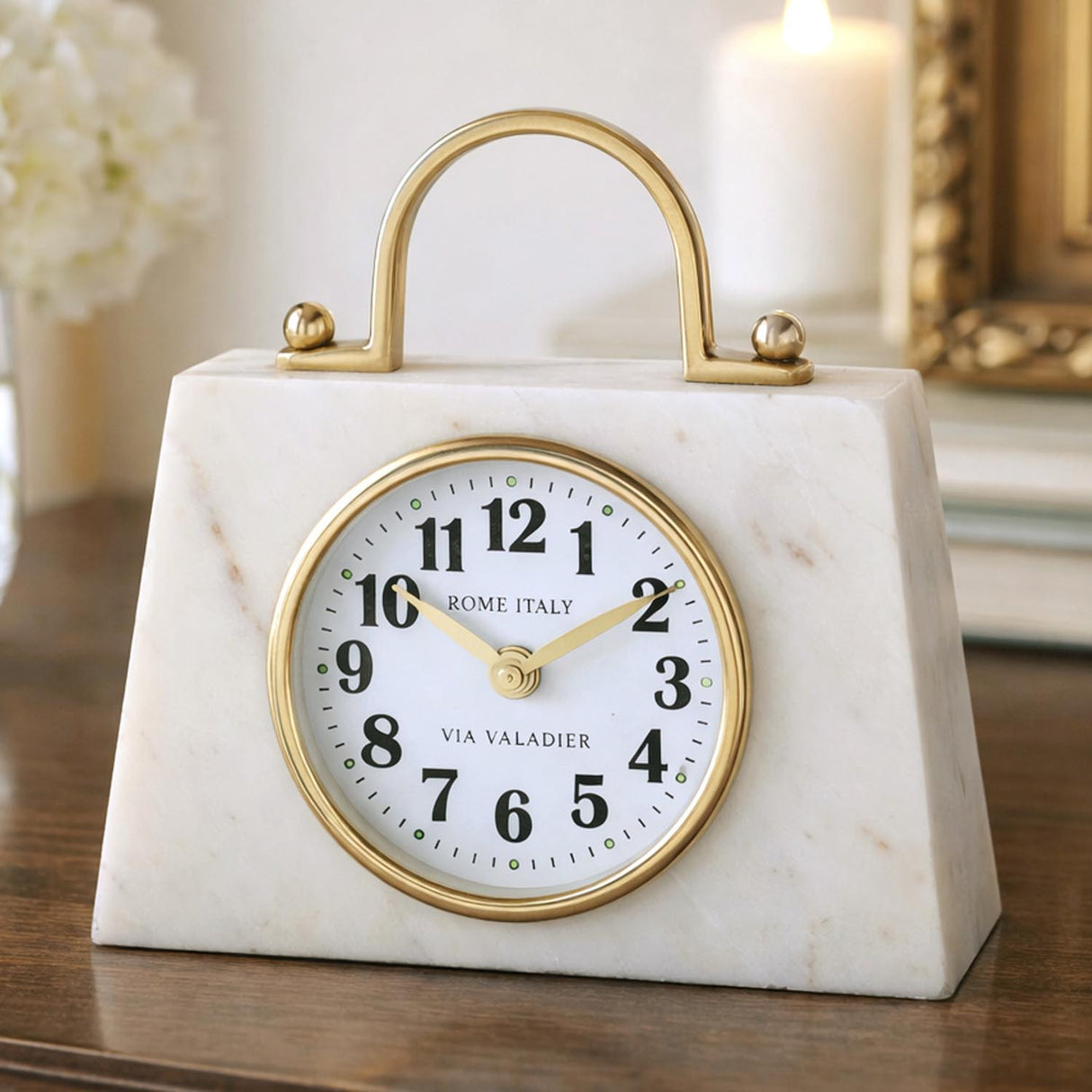 Handbag Look Marble Table Clock- White