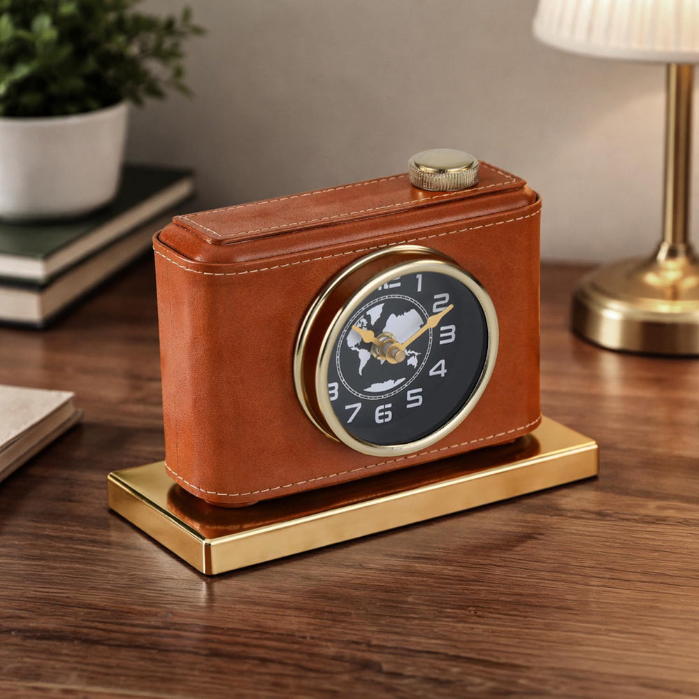 Camera Look Leather Table Clock- Brown