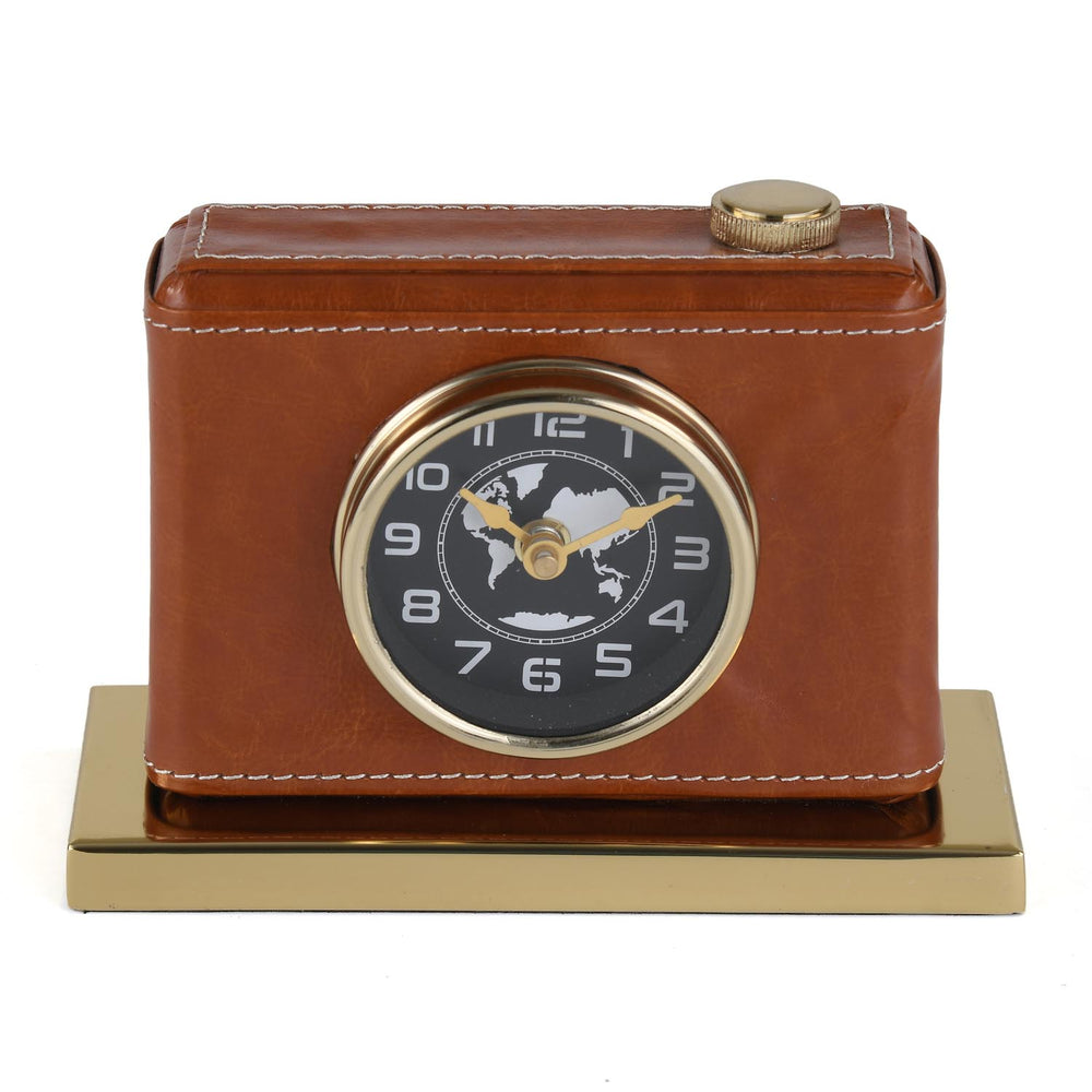 Camera Look Leather Table Clock- Brown