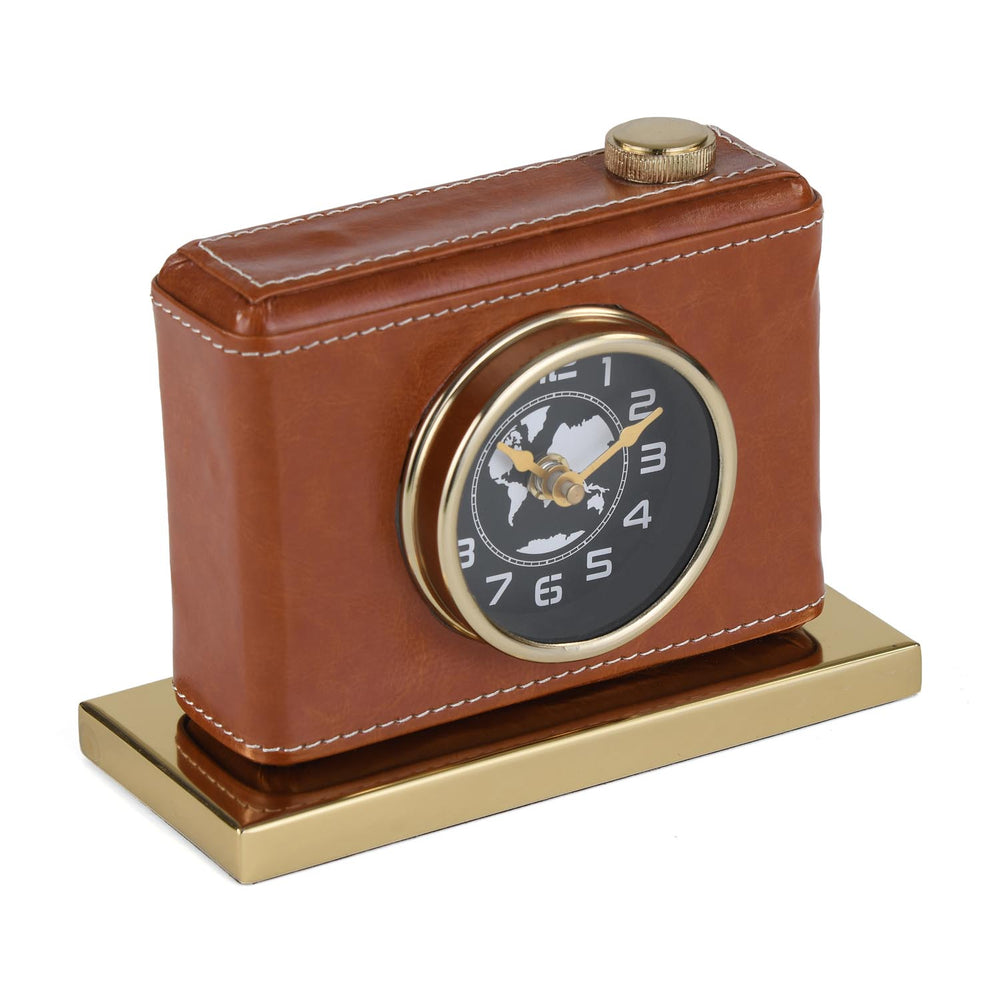 Camera Look Leather Table Clock- Brown