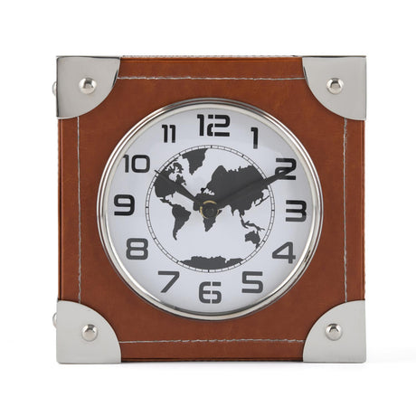 Square Leather Table Clock- Brown